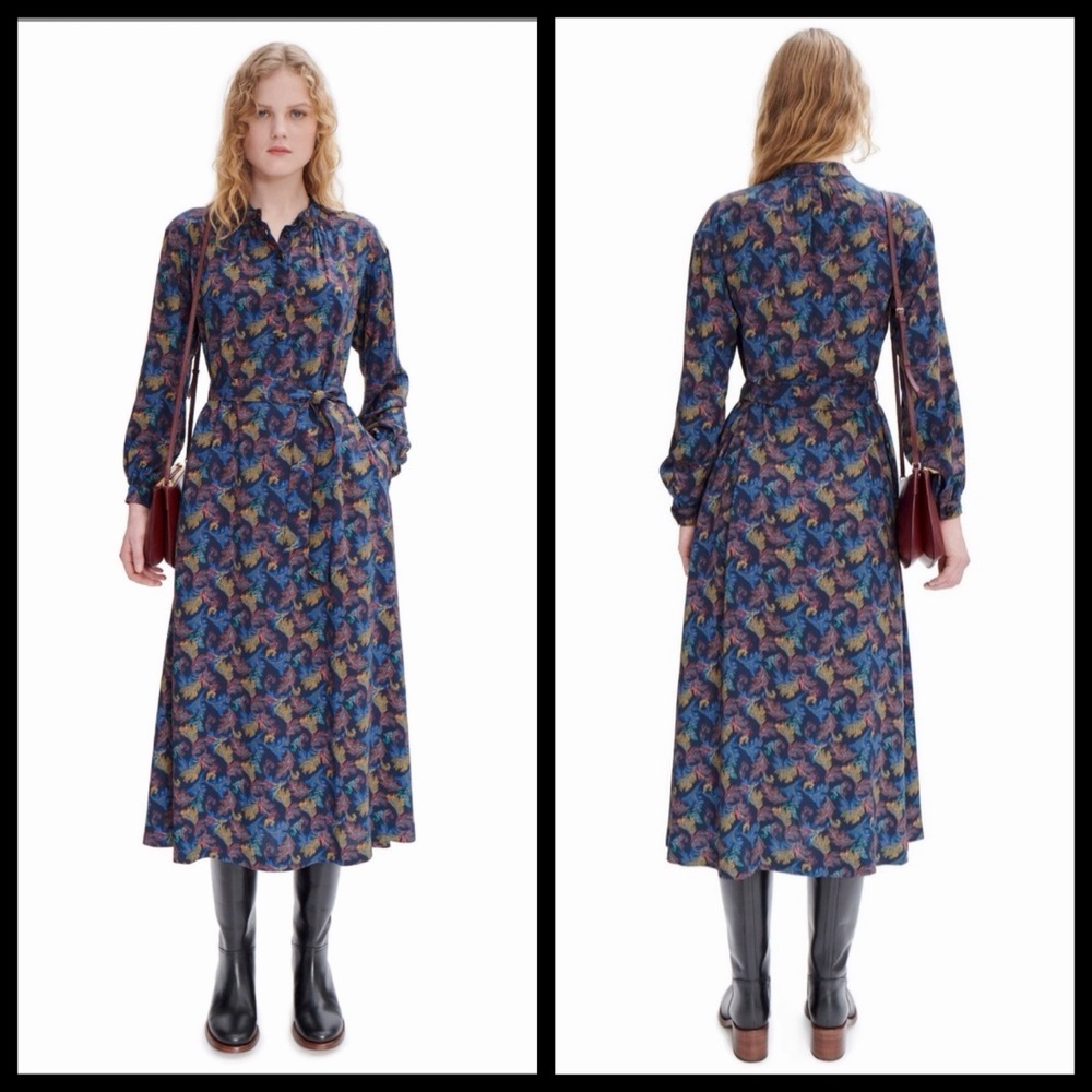 A.P.C. Rue Madame Paris Feather Maxi Dress Sz S/36 Belted French Girl Artsy EUC